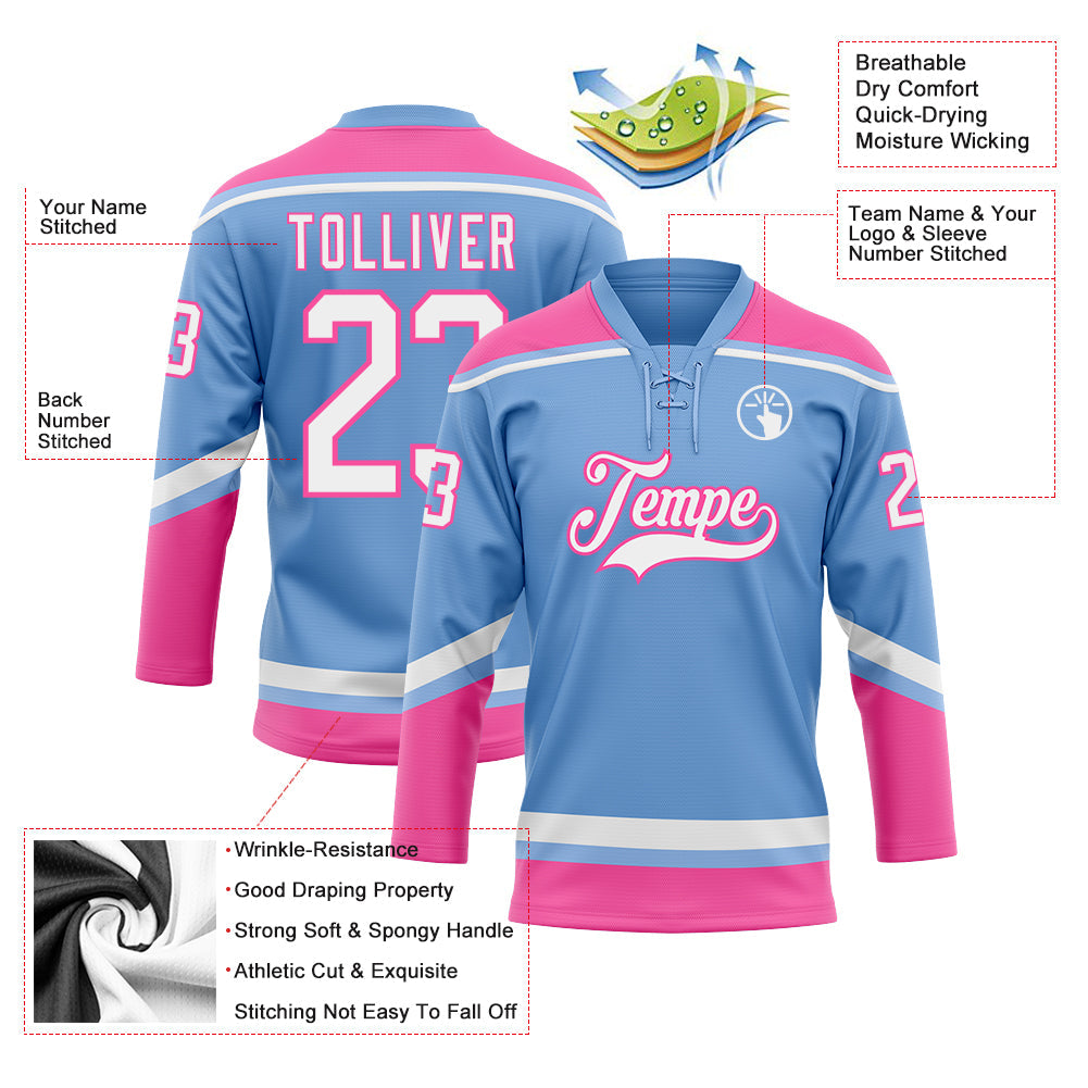 Custom Light Blue White-Pink Hockey Lace Neck Jersey - Sky-Custom