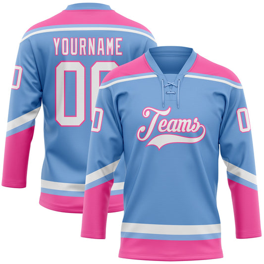 Custom Light Blue White-Pink Hockey Lace Neck Jersey - Sky-Custom