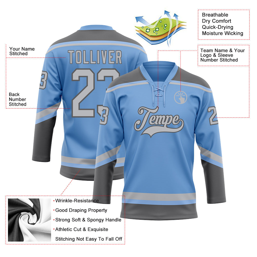 Custom Light Blue Gray-Steel Gray Hockey Lace Neck Jersey - Sky-Custom