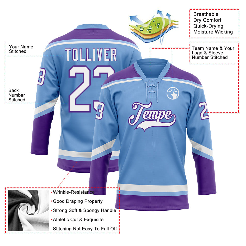 Custom Light Blue White-Purple Hockey Lace Neck Jersey - Sky-Custom