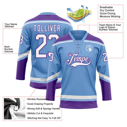 Custom Light Blue White-Purple Hockey Lace Neck Jersey - Sky-Custom