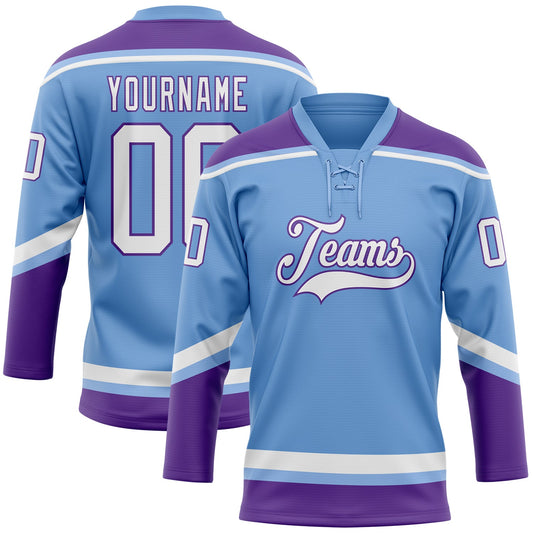 Custom Light Blue White-Purple Hockey Lace Neck Jersey - Sky-Custom