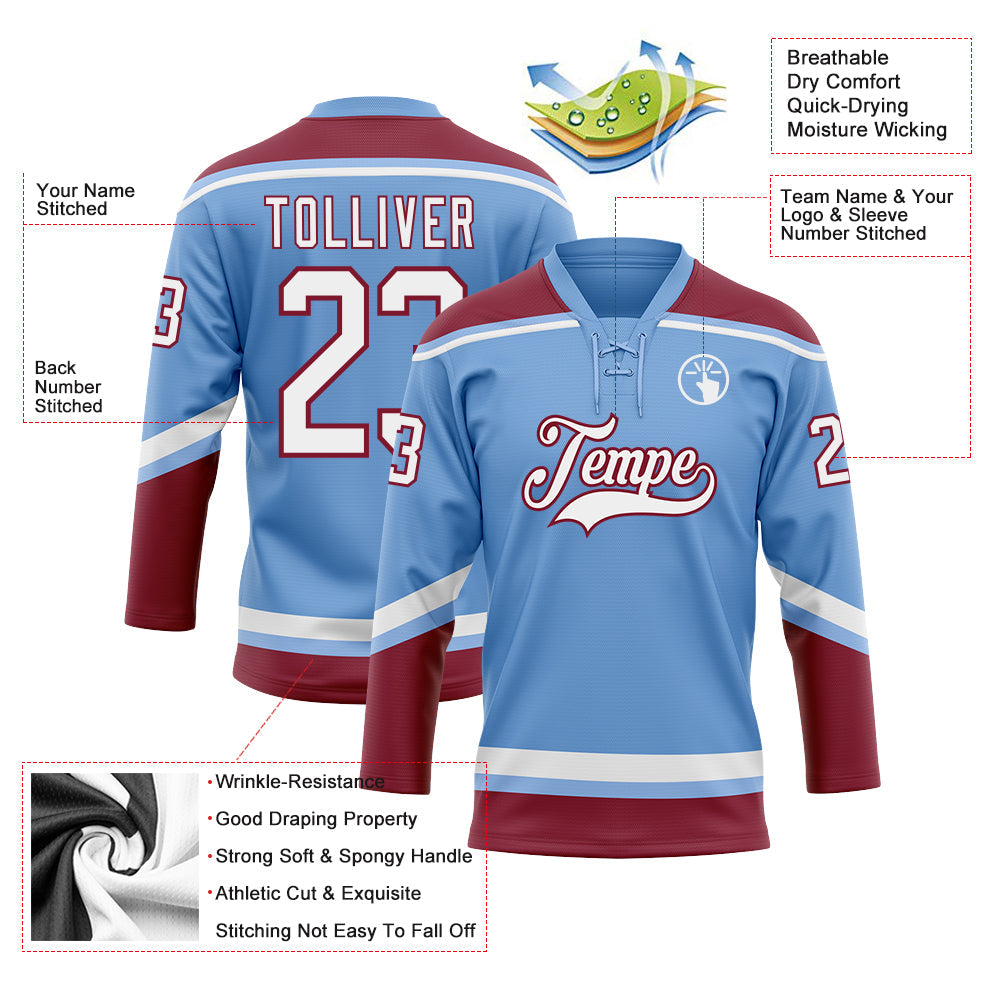 Custom Light Blue White-Crimson Hockey Lace Neck Jersey - Sky-Custom