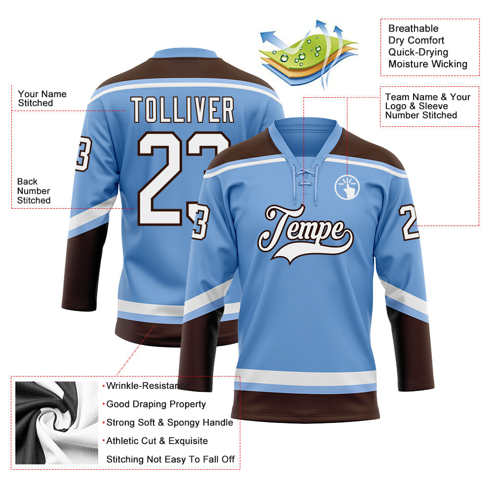 Custom Light Blue White-Brown Hockey Lace Neck Jersey - Sky-Custom