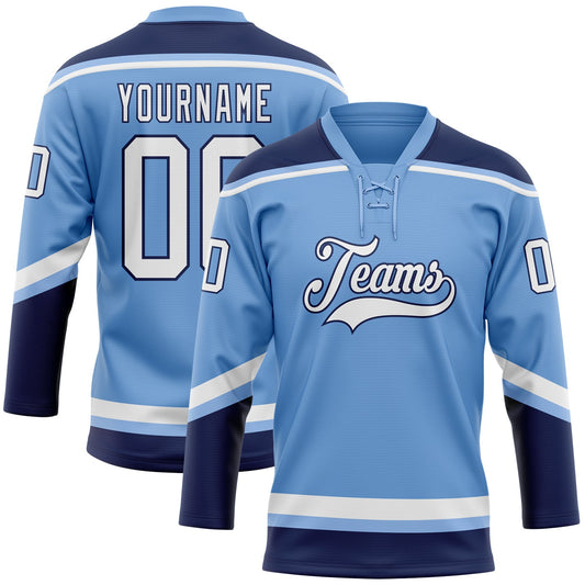 Custom Light Blue White-Navy Hockey Lace Neck Jersey - Sky-Custom
