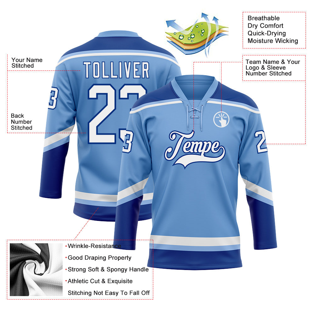Custom Light Blue White-Royal Hockey Lace Neck Jersey - Sky-Custom