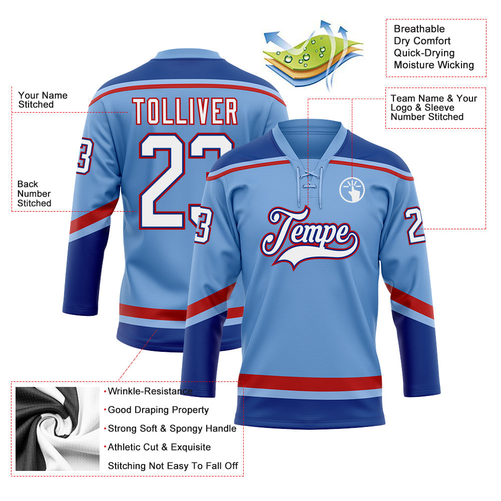 Custom Light Blue White Royal-Red Hockey Lace Neck Jersey - Sky-Custom