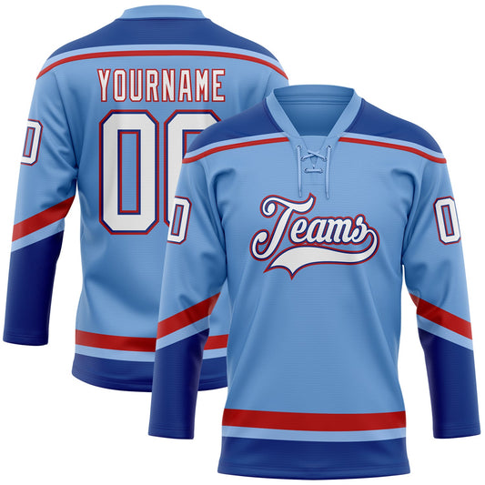 Custom Light Blue White Royal-Red Hockey Lace Neck Jersey - Sky-Custom