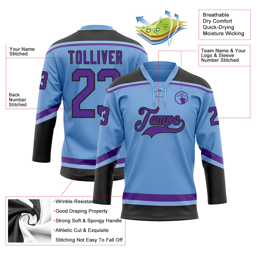 Custom Light Blue Purple-Black Hockey Lace Neck Jersey - Sky-Custom