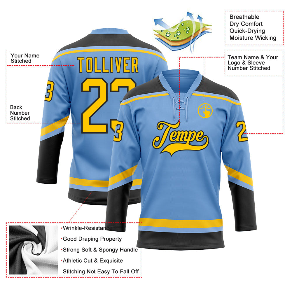 Custom Light Blue Yellow-Black Hockey Lace Neck Jersey - Sky-Custom