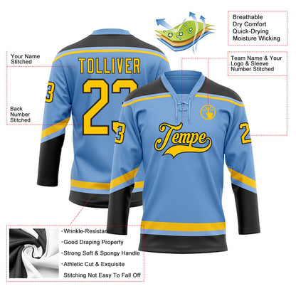 Custom Light Blue Yellow-Black Hockey Lace Neck Jersey - Sky-Custom