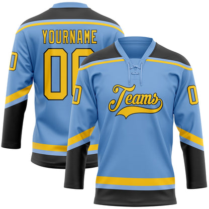 Custom Light Blue Yellow-Black Hockey Lace Neck Jersey - Sky-Custom