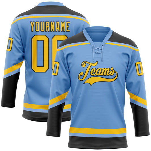 Custom Light Blue Yellow-Black Hockey Lace Neck Jersey - Sky-Custom