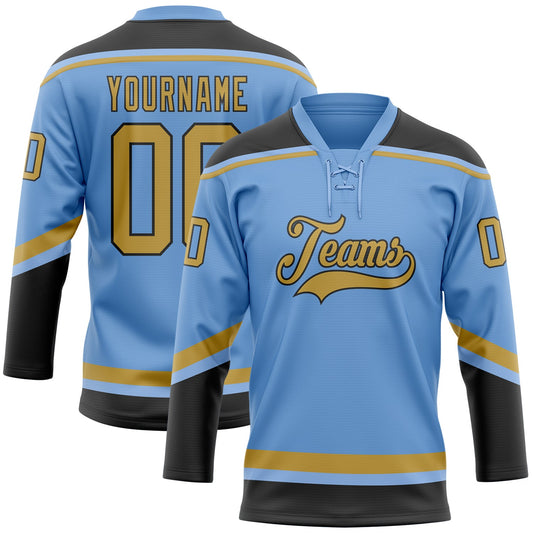 Custom Light Blue Old Gold-Black Hockey Lace Neck Jersey - Sky-Custom