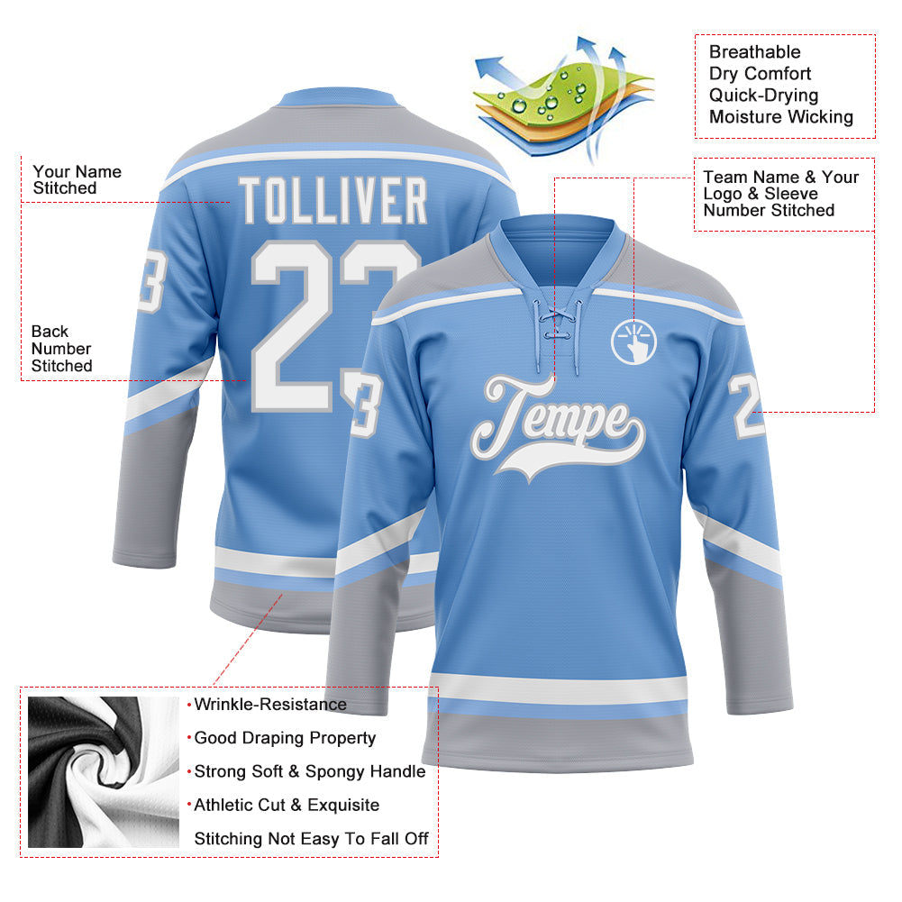 Custom Light Blue White-Gray Hockey Lace Neck Jersey - Sky-Custom