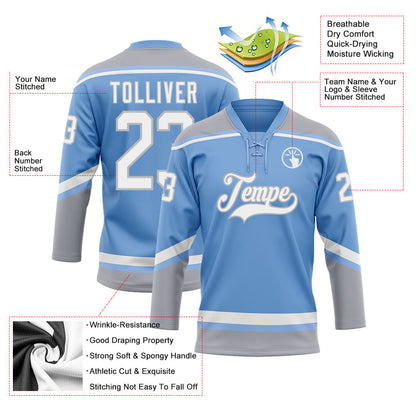 Custom Light Blue White-Gray Hockey Lace Neck Jersey - Sky-Custom
