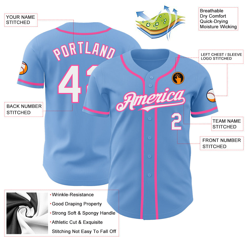 Custom Light Blue White-Pink Authentic Baseball Jersey - Sky-Custom