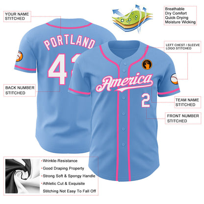 Custom Light Blue White-Pink Authentic Baseball Jersey - Sky-Custom