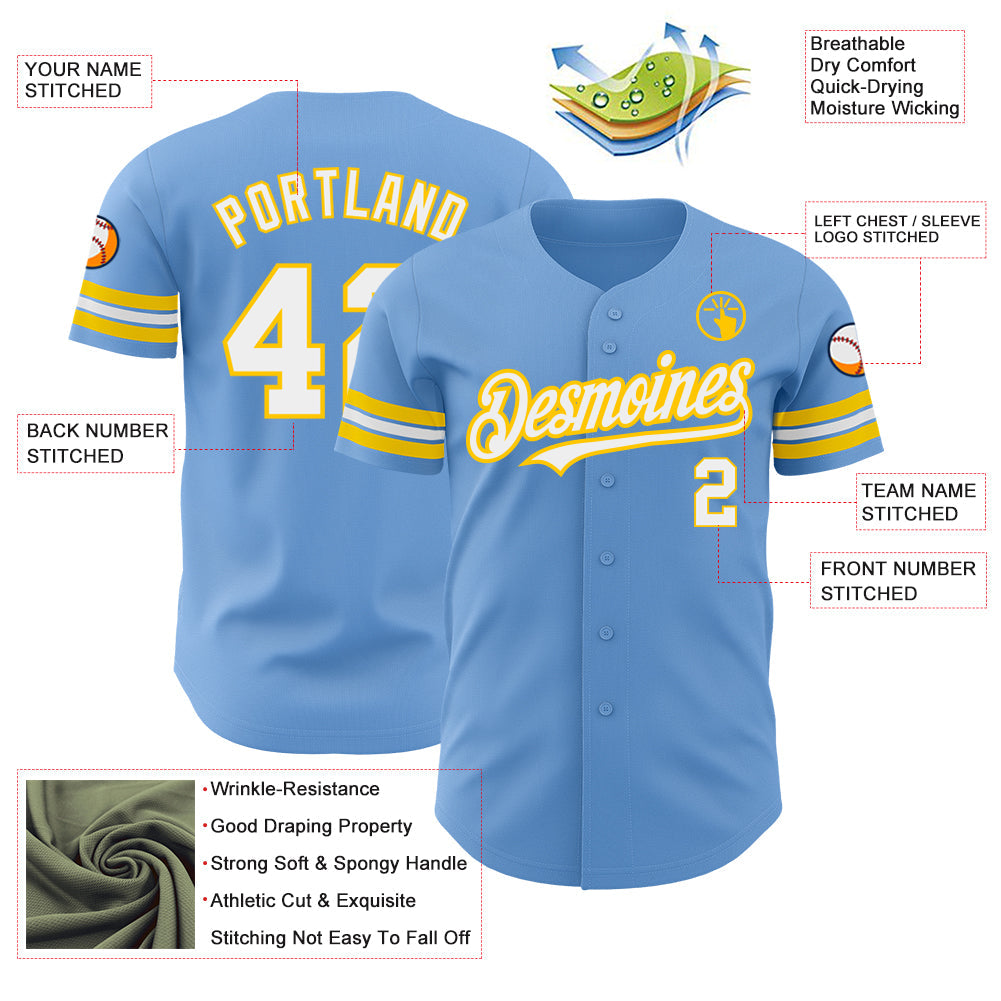 Custom Light Blue White-Yellow Authentic Baseball Jersey - Sky-Custom