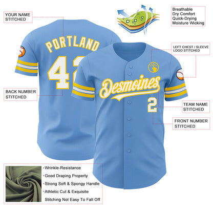 Custom Light Blue White-Yellow Authentic Baseball Jersey - Sky-Custom