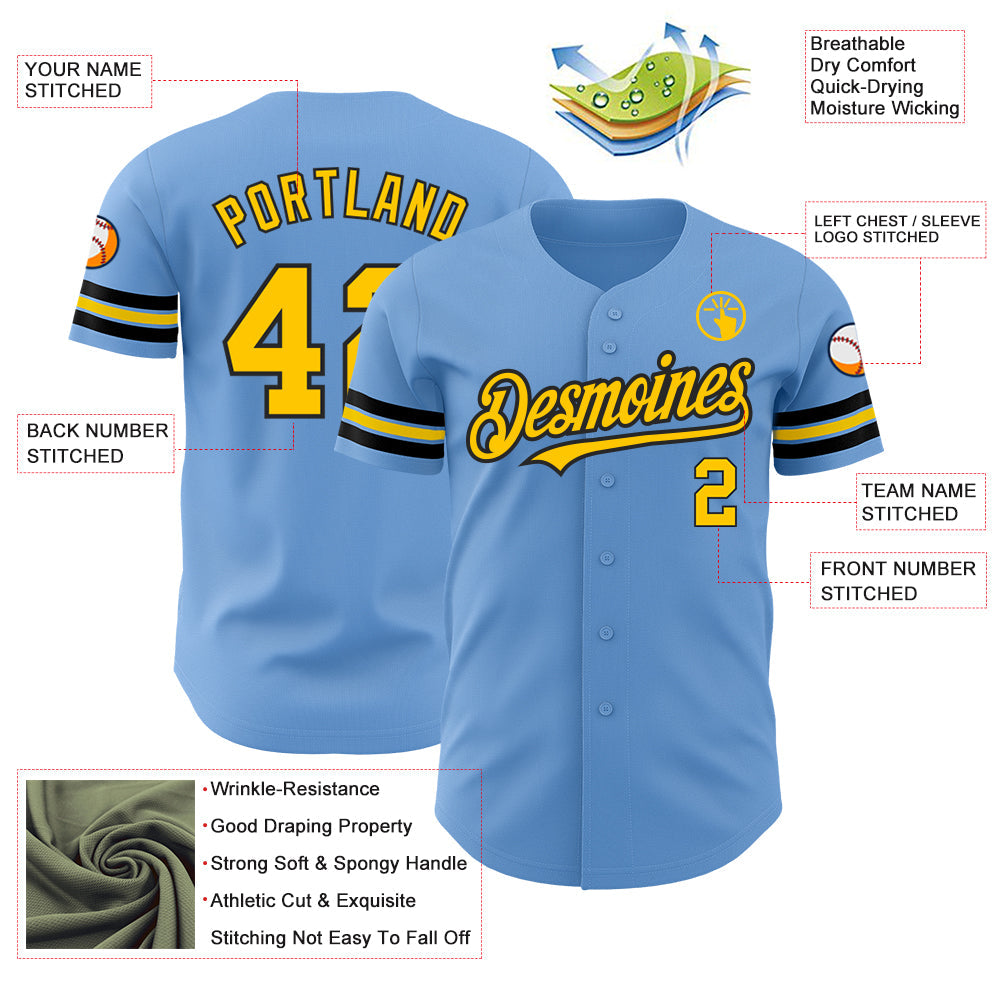 Custom Light Blue Yellow-Black Authentic Baseball Jersey - Sky-Custom