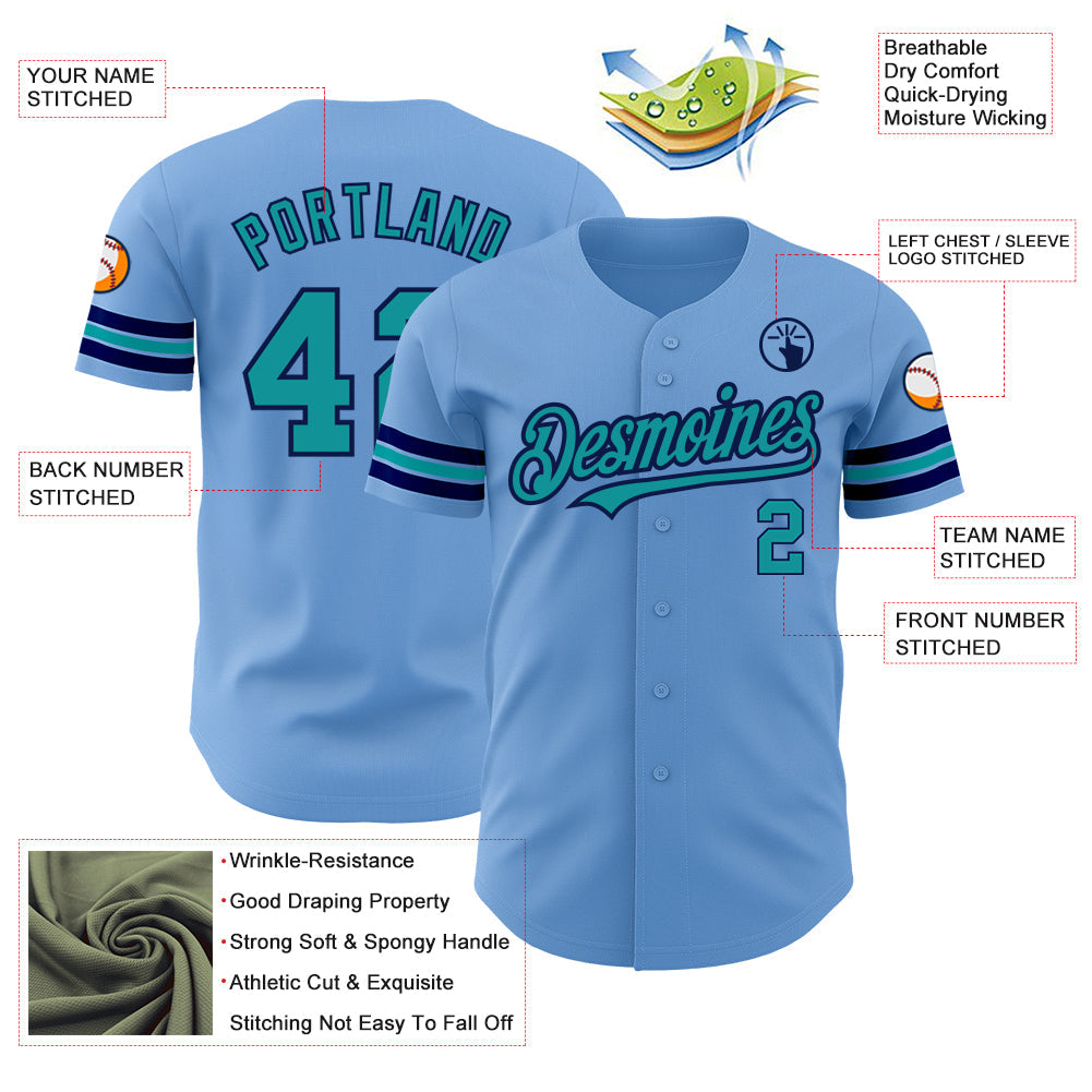 Custom Light Blue Teal-Navy Authentic Baseball Jersey - Sky-Custom