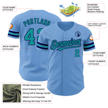 Custom Light Blue Teal-Navy Authentic Baseball Jersey - Sky-Custom