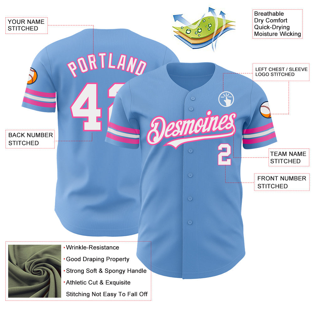 Custom Light Blue White-Pink Authentic Baseball Jersey - Sky-Custom