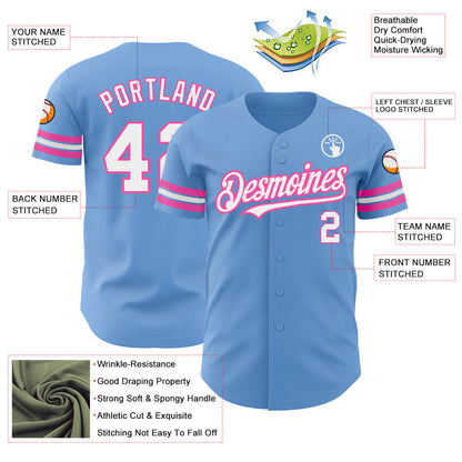 Custom Light Blue White-Pink Authentic Baseball Jersey - Sky-Custom