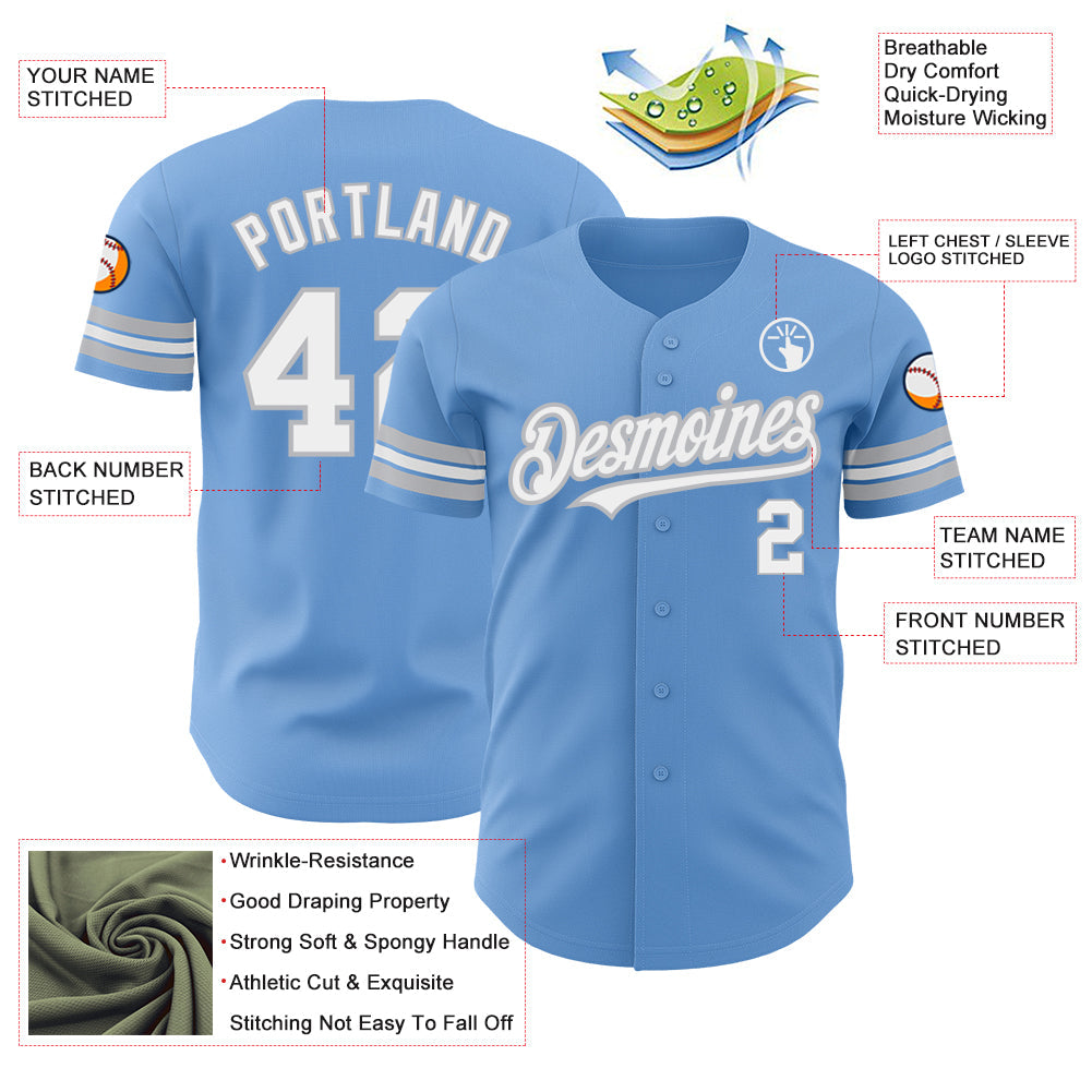 Custom Light Blue White-Gray Authentic Baseball Jersey - Sky-Custom