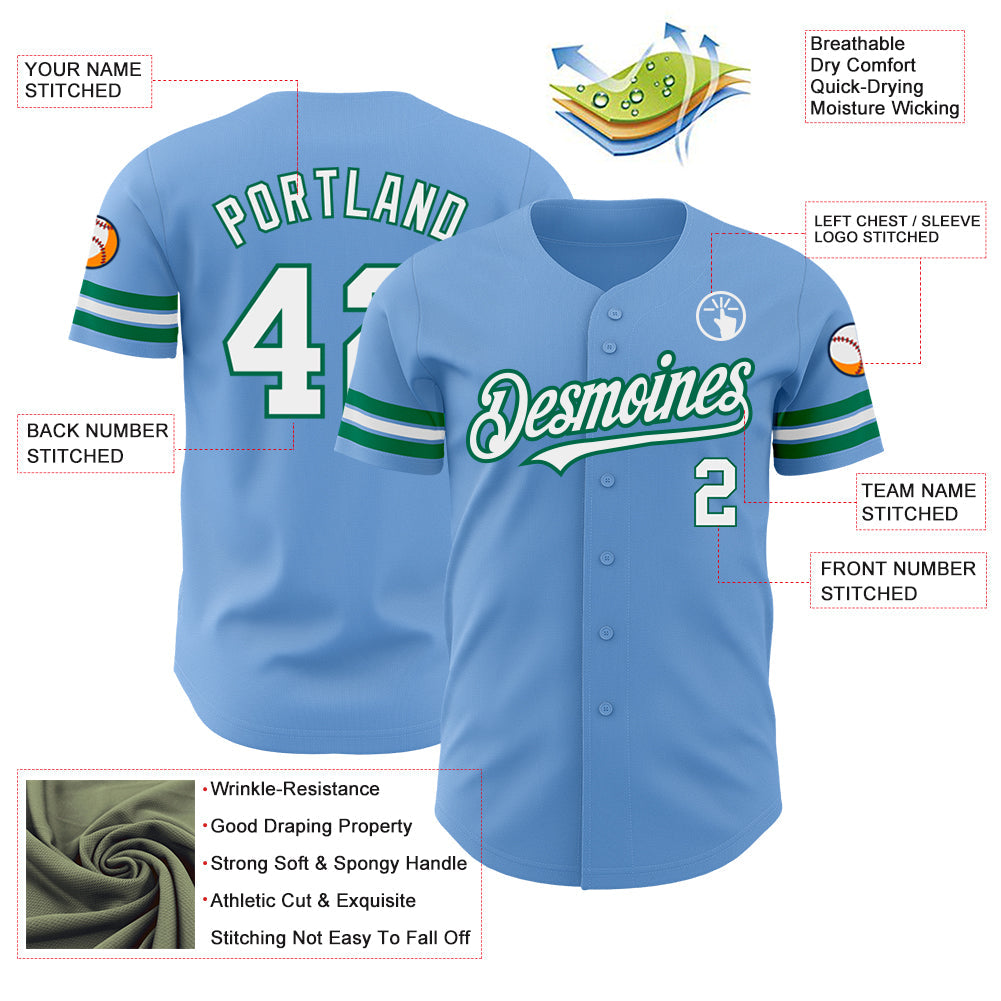 Custom Light Blue White-Kelly Green Authentic Baseball Jersey - Sky-Custom