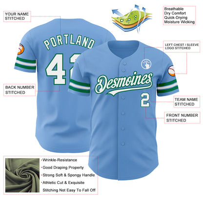 Custom Light Blue White-Kelly Green Authentic Baseball Jersey - Sky-Custom