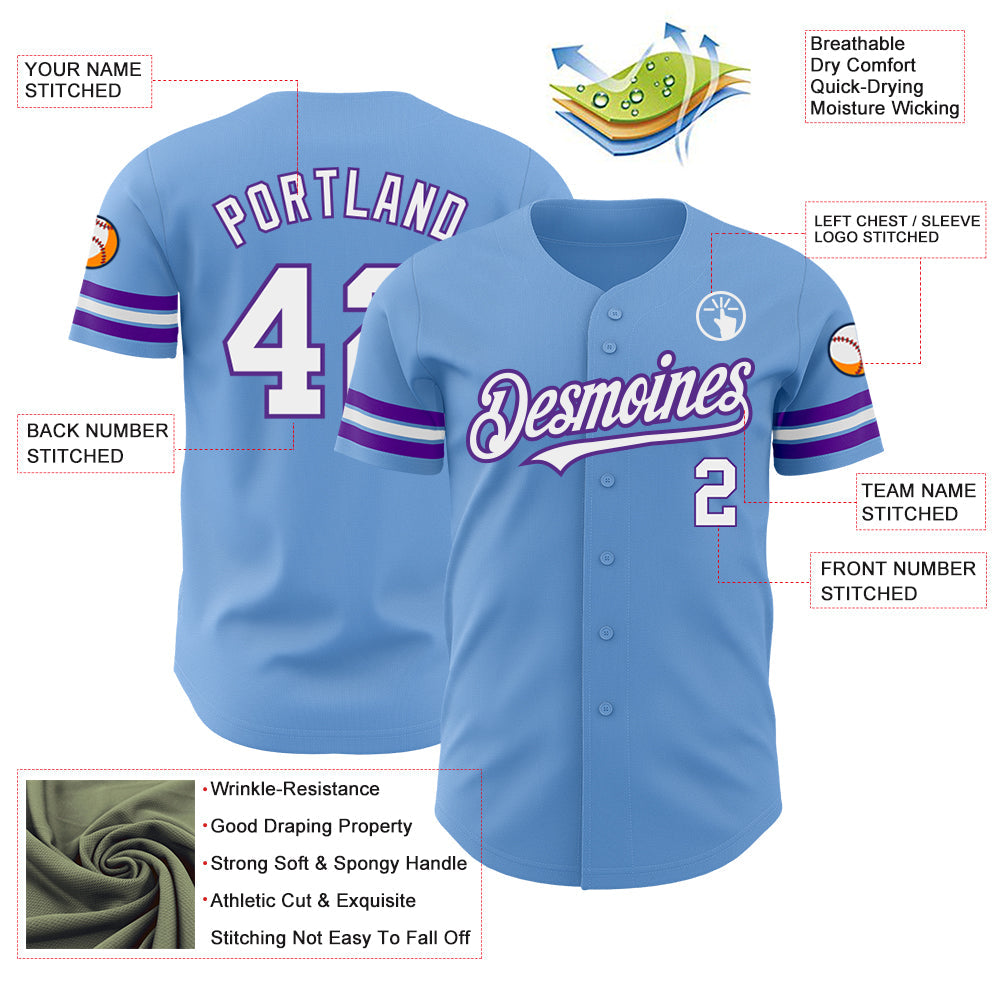 Custom Light Blue White-Purple Authentic Baseball Jersey - Sky-Custom