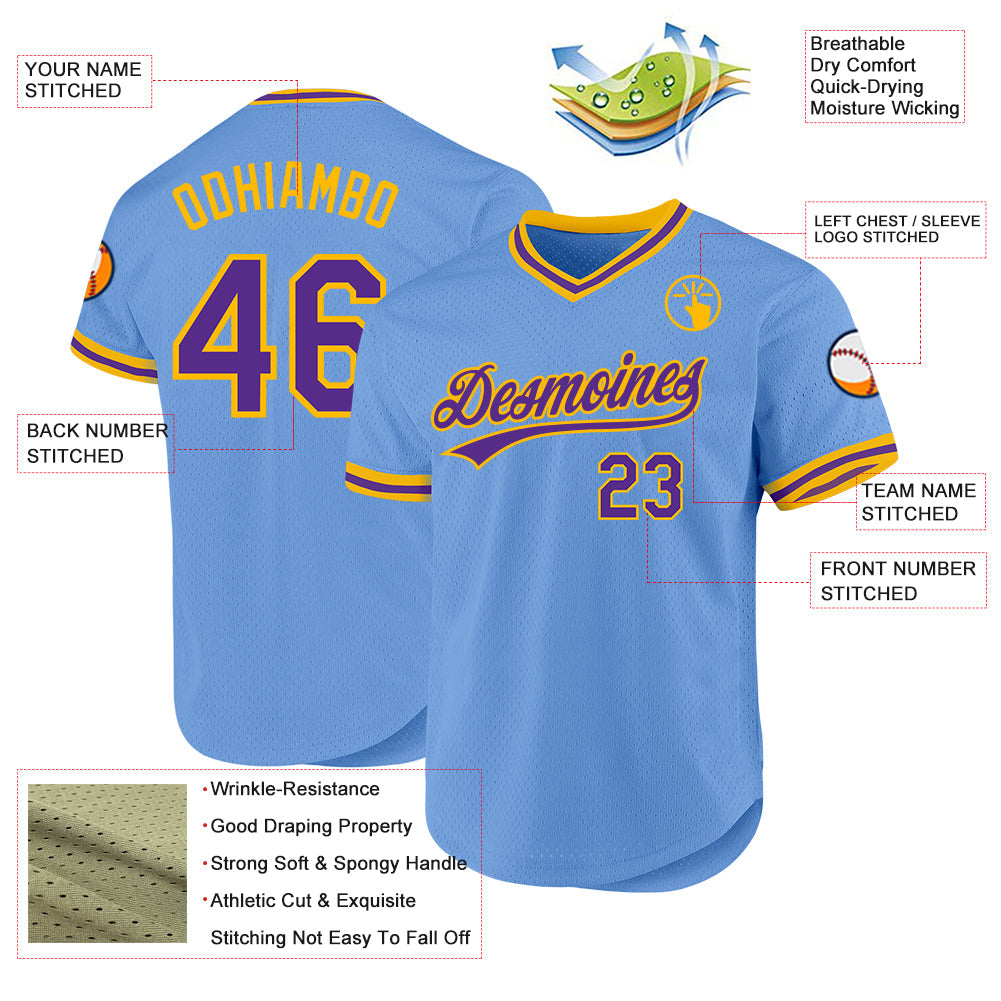 Custom Light Blue Purple-Gold Authentic Throwback Baseball Jersey - Sky-Custom
