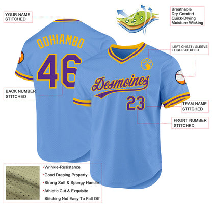 Custom Light Blue Purple-Gold Authentic Throwback Baseball Jersey - Sky-Custom