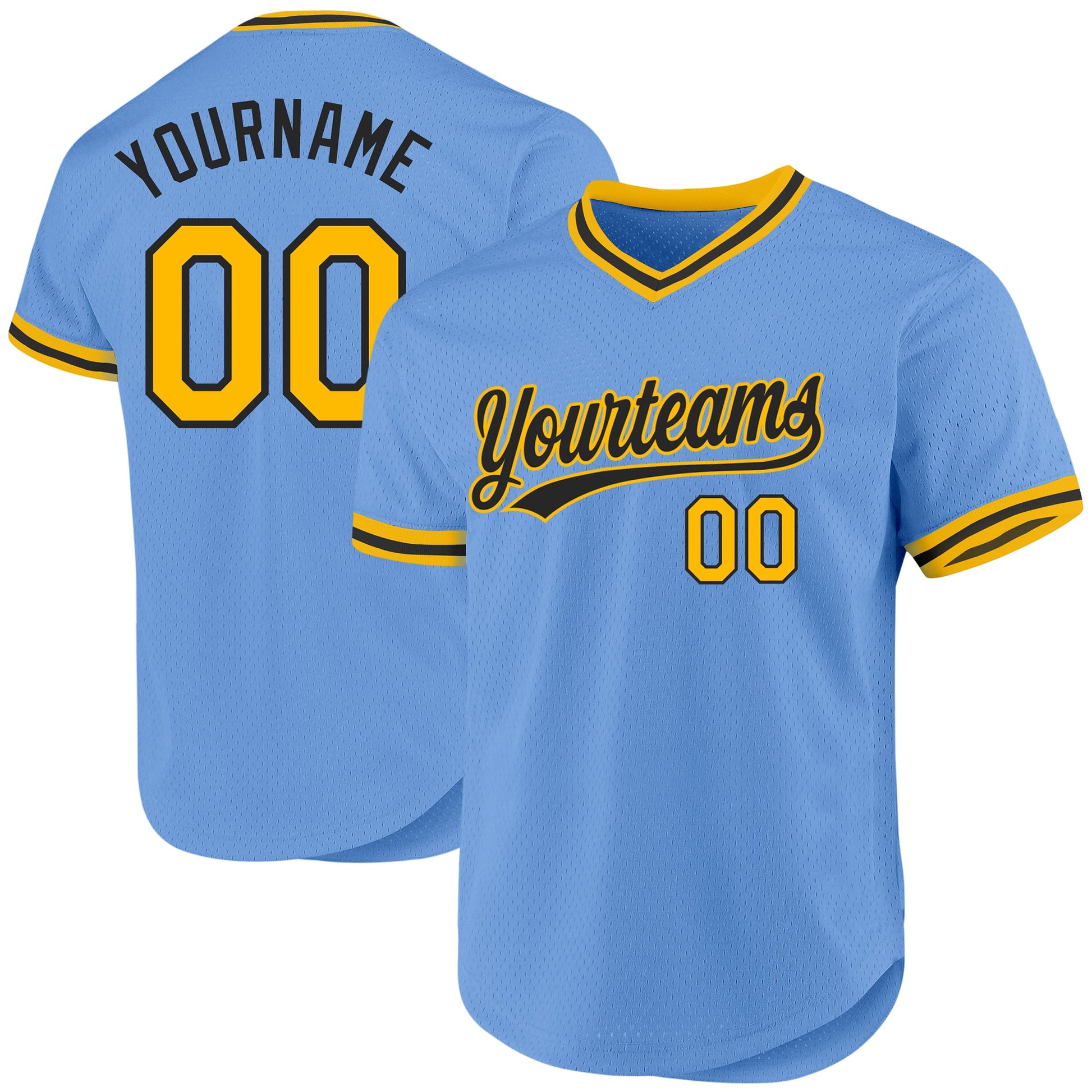 Custom Light Blue Gold-Black Authentic Throwback Baseball Jersey - Sky-Custom