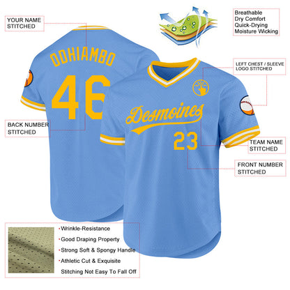 Custom Light Blue Gold-White Authentic Throwback Baseball Jersey - Sky-Custom