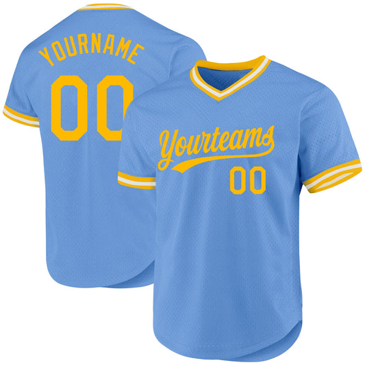 Custom Light Blue Gold-White Authentic Throwback Baseball Jersey - Sky-Custom