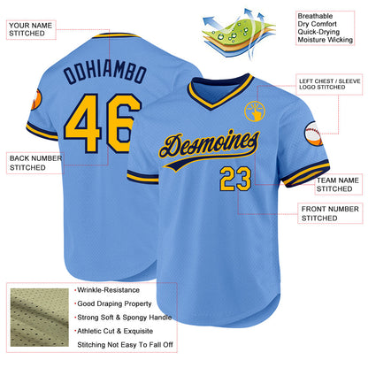 Custom Light Blue Gold-Navy Authentic Throwback Baseball Jersey - Sky-Custom