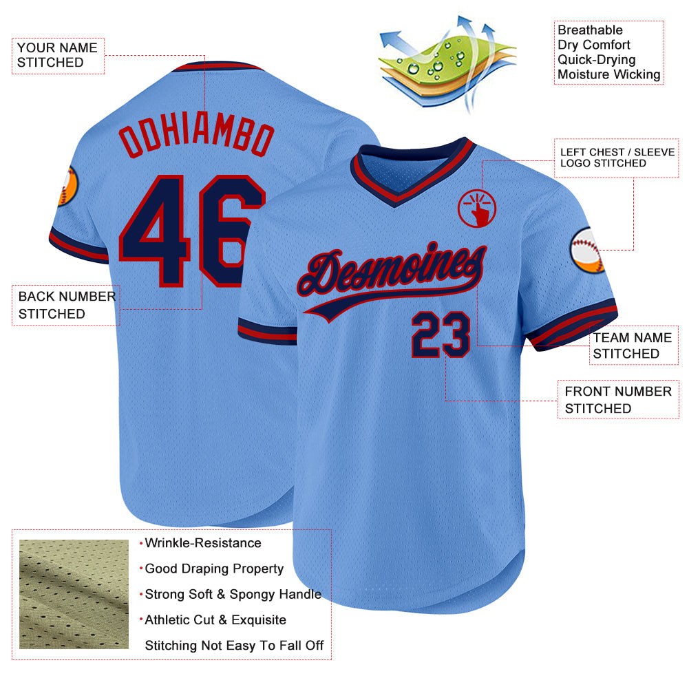 Custom Light Blue Navy-Red Authentic Throwback Baseball Jersey - Sky-Custom