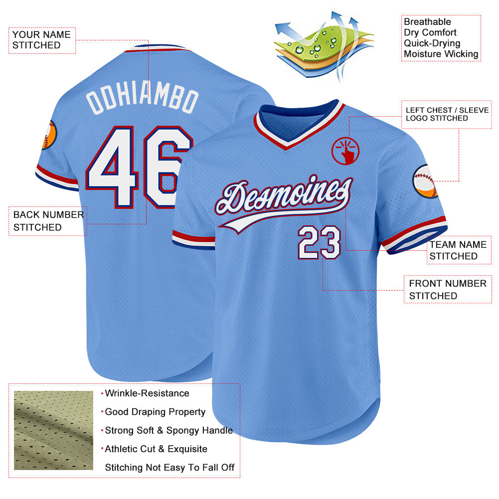 Custom Light Blue Royal-Red Authentic Throwback Baseball Jersey - Sky-Custom