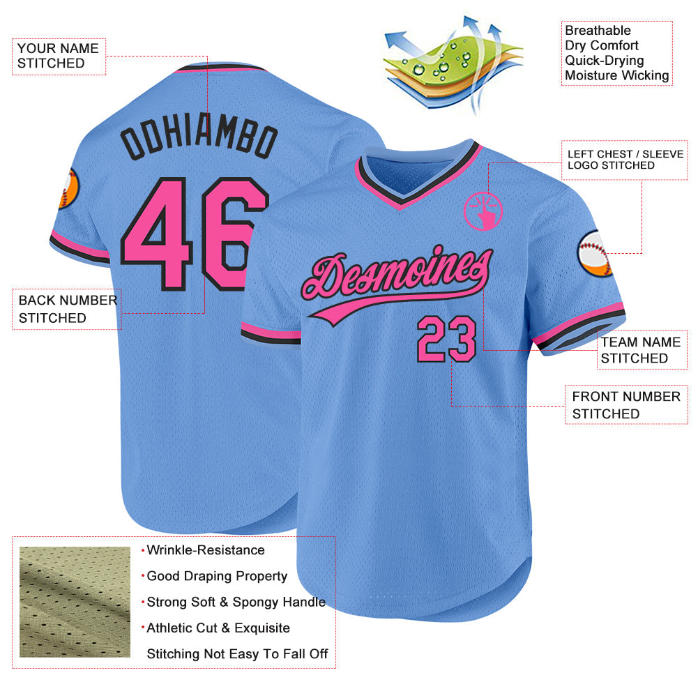 Custom Light Blue Pink-Black Authentic Throwback Baseball Jersey - Sky-Custom