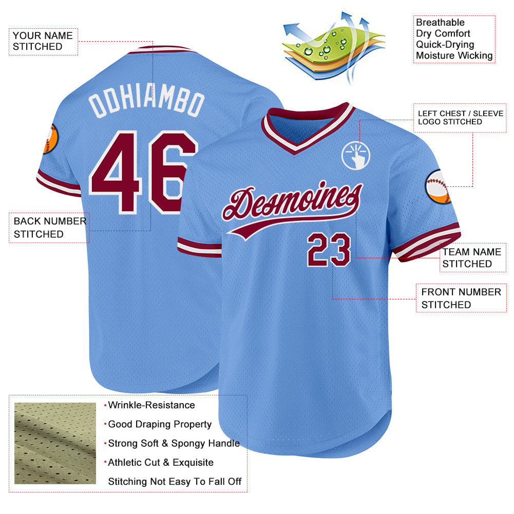 Custom Light Blue Maroon-White Authentic Throwback Baseball Jersey - Sky-Custom
