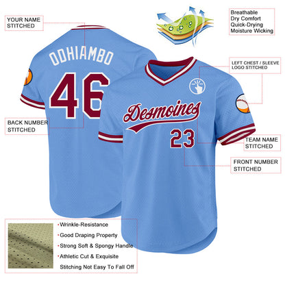 Custom Light Blue Maroon-White Authentic Throwback Baseball Jersey - Sky-Custom