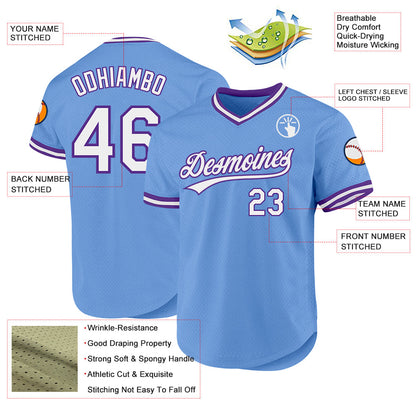 Custom Light Blue White-Purple Authentic Throwback Baseball Jersey - Sky-Custom