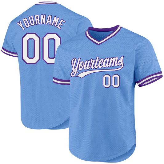 Custom Light Blue White-Purple Authentic Throwback Baseball Jersey - Sky-Custom