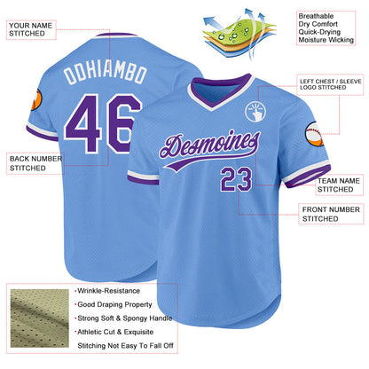 Custom Light Blue Purple-White Authentic Throwback Baseball Jersey - Sky-Custom
