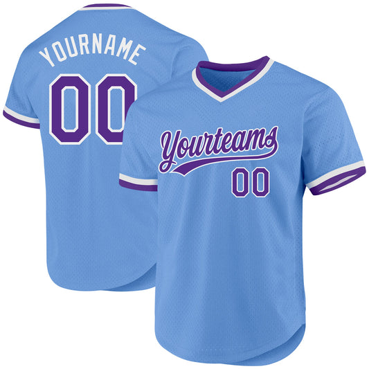 Custom Light Blue Purple-White Authentic Throwback Baseball Jersey - Sky-Custom
