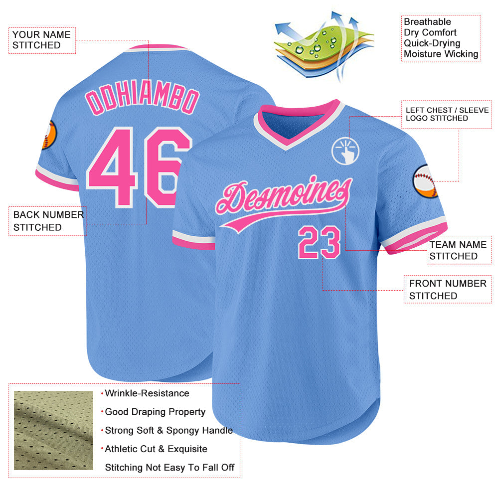 Custom Light Blue Pink-White Authentic Throwback Baseball Jersey - Sky-Custom