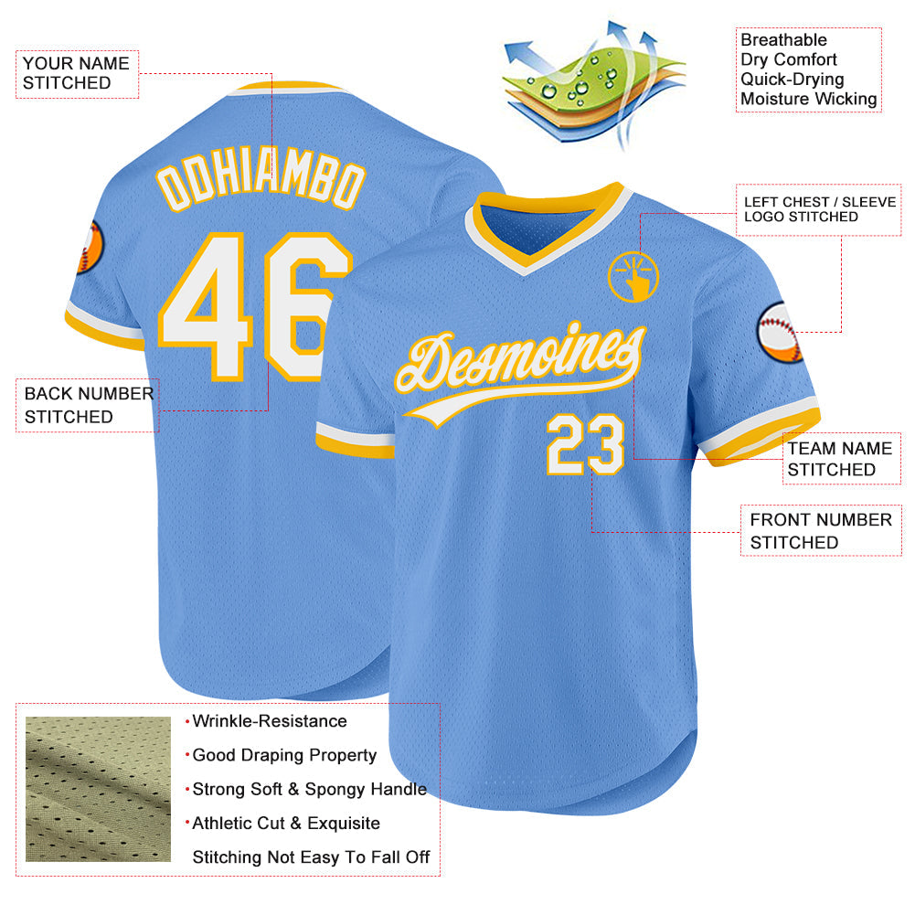 Custom Light Blue White-Gold Authentic Throwback Baseball Jersey - Sky-Custom